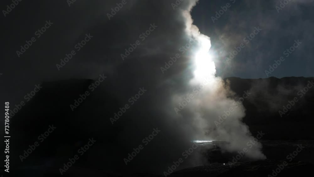 Big Geyser Field Releasing Steam at Sunrise in the Desert Wide Angle Big Geyser Field Releasing Steam at Sunrise in the Desert Wide Angle