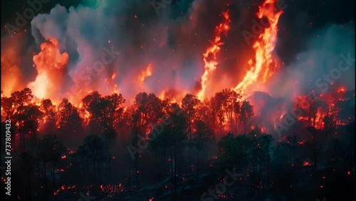 Raging wildfire consuming the dense foliage of a forest, with towering flames illuminating the night sky and billowing smoke darkening the horizon photo
