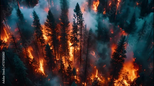 Aerial view of a forest ravaged by fire, with scorched trees and smoldering embers stretching as far as the eye can see, highlighting the devastation left in the wake of a wildfire photo