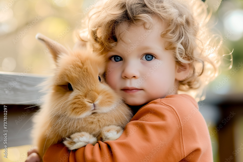 cute little boy holds and hugs fluffy rabbit in arms outdoor. domestic animals. Easter bunny