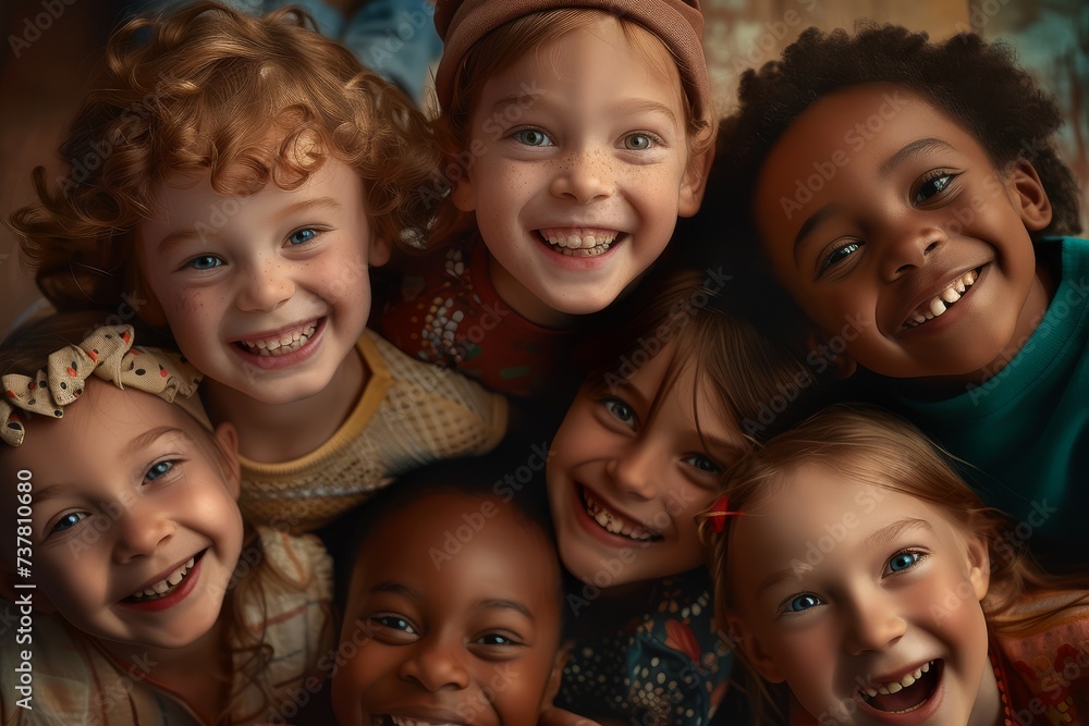 Close-up of a diverse group of joyful children smiling together.