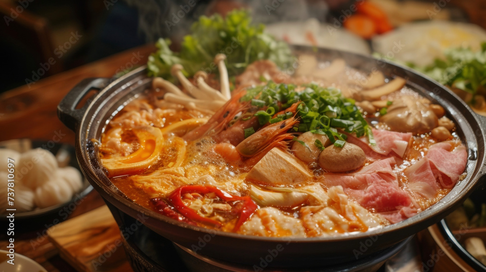 A flaming hot pot that packs a punch with its fiery sauce and mouthwatering ingredients creating a tantalizing display of heat and flavor.