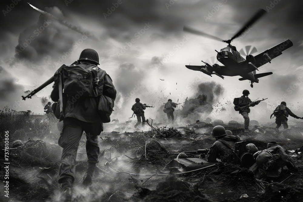 Dramatic black and white scene of soldiers in combat with helicopters. Dramatic black and white scene of soldiers in combat with helicopters.