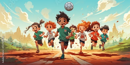 a group of kids running with a football ball photo
