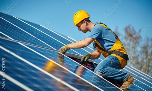 Solar panel installation detail on roof of building. Workers checking broken solar panel in sunny day
