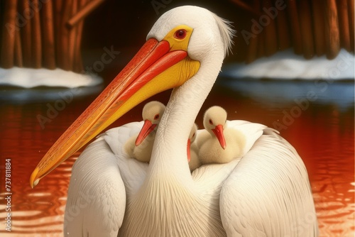 A pelican with vibrant yellow and red beak carries chicks on its back by the water.