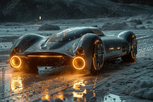 A sleek black sports car speeds through the wintry landscape, its headlights piercing through the darkness as it effortlessly glides over the snowy ground