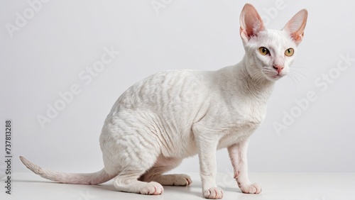Portrait of White cornish rex cat on grey background