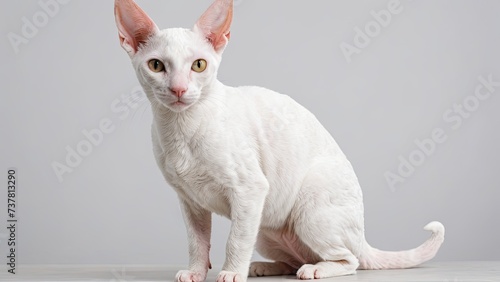 Portrait of White cornish rex cat on grey background