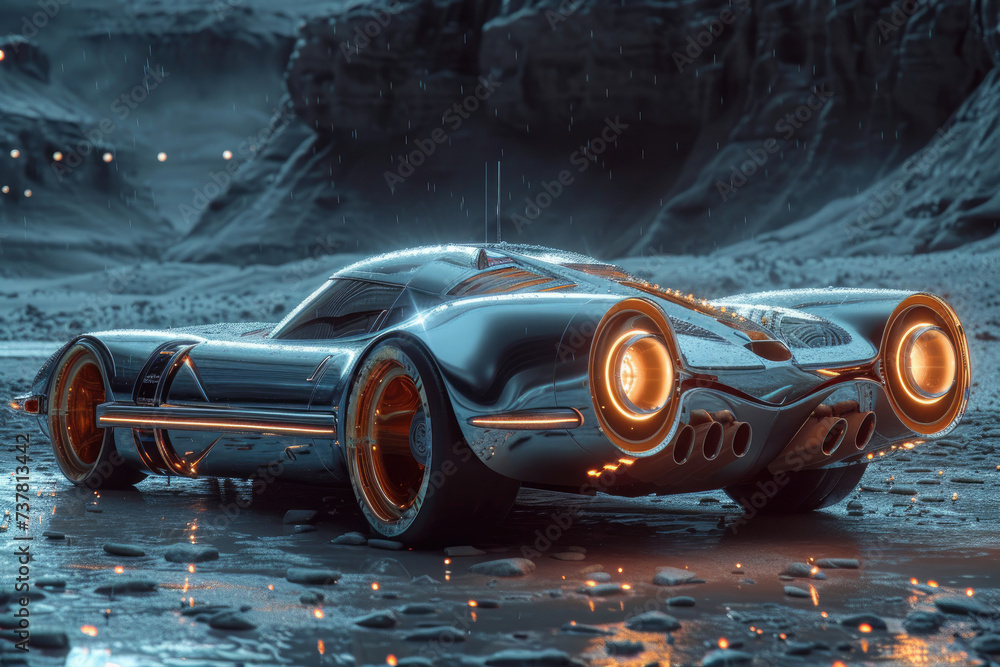 A sleek silver sports car with bright orange lights speeding down the road, its wheels hugging the ground as it dominates the outdoor landscape with its powerful presence - obrazy, fototapety, plakaty 
