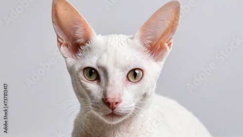 Portrait of White cornish rex cat on grey background