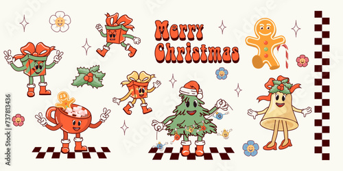 Merry Christmas. A set of retro characters in a cartoon style groovy. Atmosphere of the 60's and 70's. Merry Christmas and Happy New Year. Vector illustration