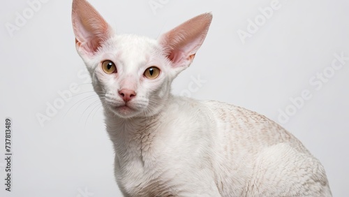 Portrait of White cornish rex cat on grey background