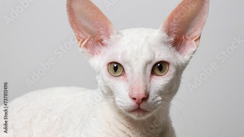 Portrait of White cornish rex cat on grey background