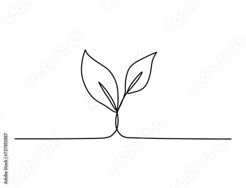 Hand drawn line art plant. One continuous line growing sprout.