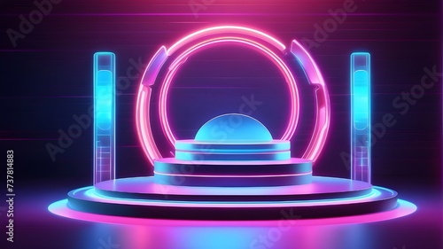 Neon Square Hologram Enhances Merchandise Layout, Neon Square Adds Tech Vibe to Merchandise Podium, Podium Layout Enhanced by Neon Square Hologram, Neon Hologram Elevates Podium Merchandise Layout, Me