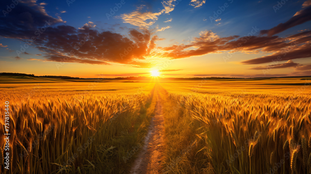 A dirt path in a wheat field with the sun setting.