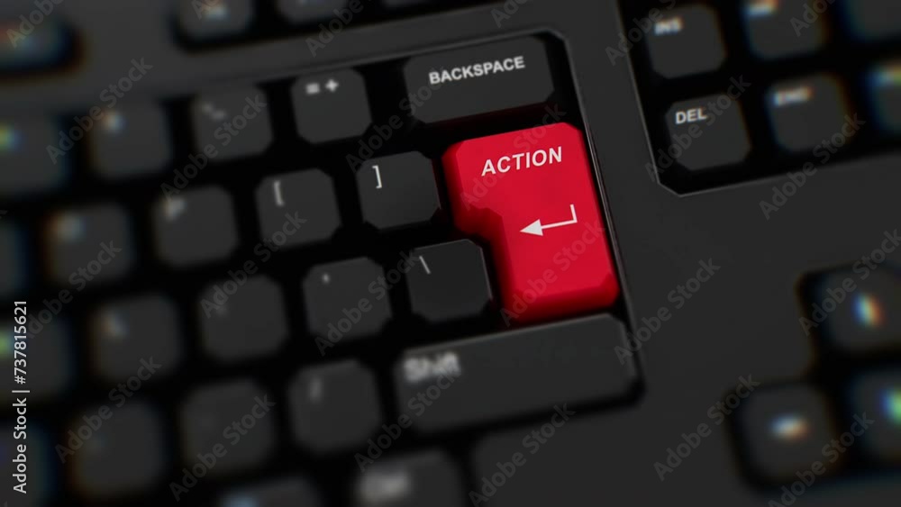 Action red button on keyboard. A finger presses Action. Click Action. Realistic keyboard button. Red button Action to push. Set for action. Keyboard with unique word to press. Close-up CGI Action red button on keyboard. A finger presses Action. Click Action. Realistic keyboard button. Red button Action to push. Set for action. Keyboard with unique word to press. Close-up CGI