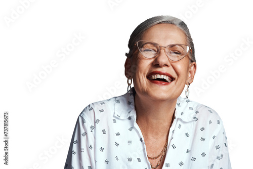 Obraz na plátně Senior woman, portrait and laughing at funny joke in retirement and humor for elderly comedy