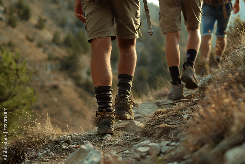 Friendship Trek: Man's Legs Hiking on Hillside Adventure with Companions Friendship Trek: Man's Legs Hiking on Hillside Adventure with Companions