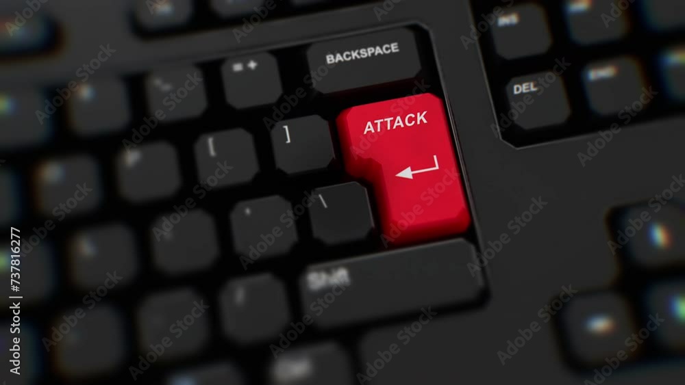 Attack red button on keyboard. A finger presses Attack. Click Attack. Realistic keyboard button. Red button Attack to push. Set for action. Keyboard with unique word to press. Close-up CGI Attack red button on keyboard. A finger presses Attack. Click Attack. Realistic keyboard button. Red button Attack to push. Set for action. Keyboard with unique word to press. Close-up CGI