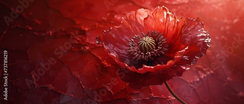 the bliss of a single burgundy poppy in extreme macro, its bloom unfolding gracefully against the textured cracky backdrop. photo