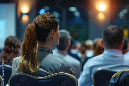 A woman seated in front of a large gathering of individuals attending a conference, Business people in a conference hall listening to a presentation, AI Generated