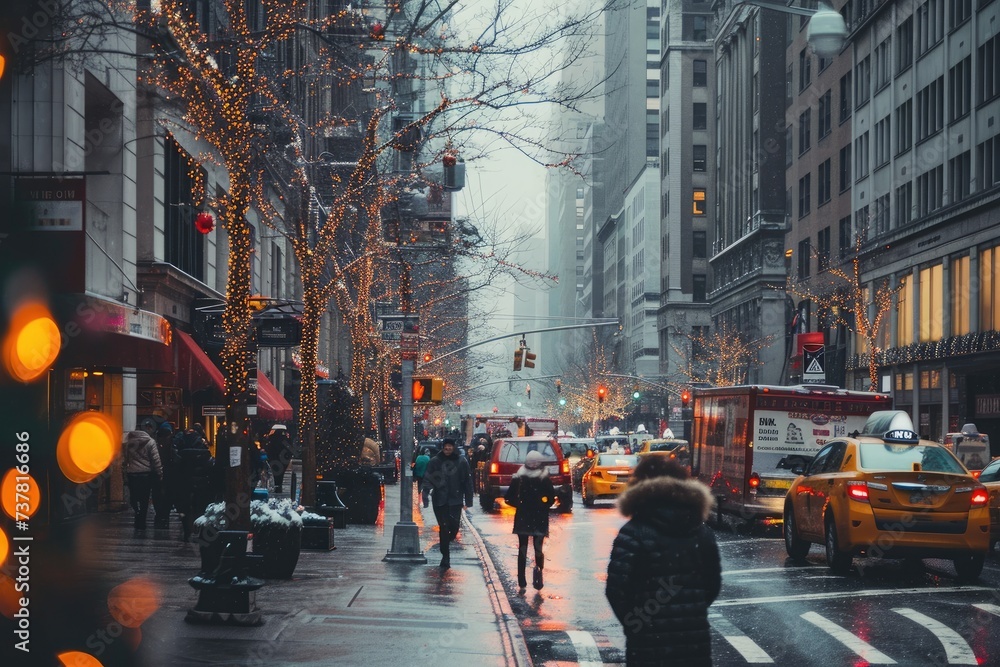 Busy City Street With Heavy Traffic Surrounded by Tall Buildings, Busy streets of New York during a festive season, AI Generated - obrazy, fototapety, plakaty 