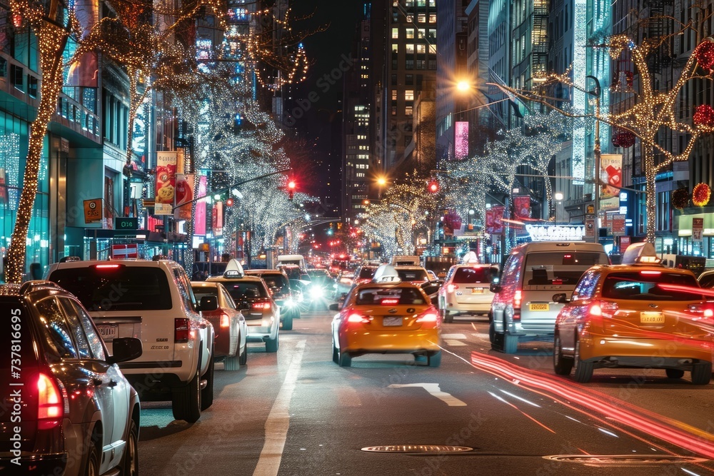 A city street illuminated by bright lights during nighttime, bustling with heavy traffic and cars moving in multiple lanes, Busy streets of New York during a festive season, AI Generated