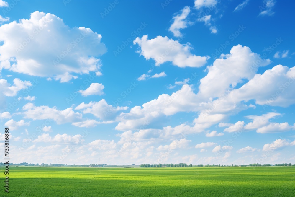 a green field with blue sky and clouds - obrazy, fototapety, plakaty 