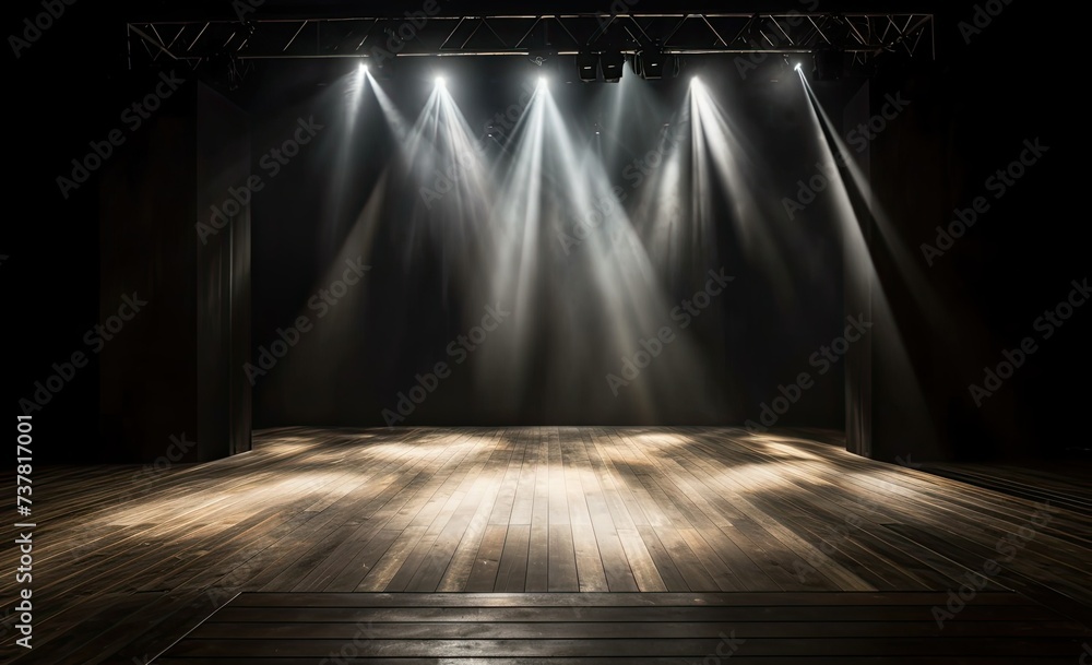 An Empty Stage With Spotlights Illuminated - obrazy, fototapety, plakaty 