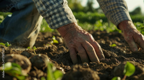 A closeup of a farmer inspecting the quality of the soil in his orchard. His experienced hands crumble the earth checking for moisture and nutrient levels to ensure his trees