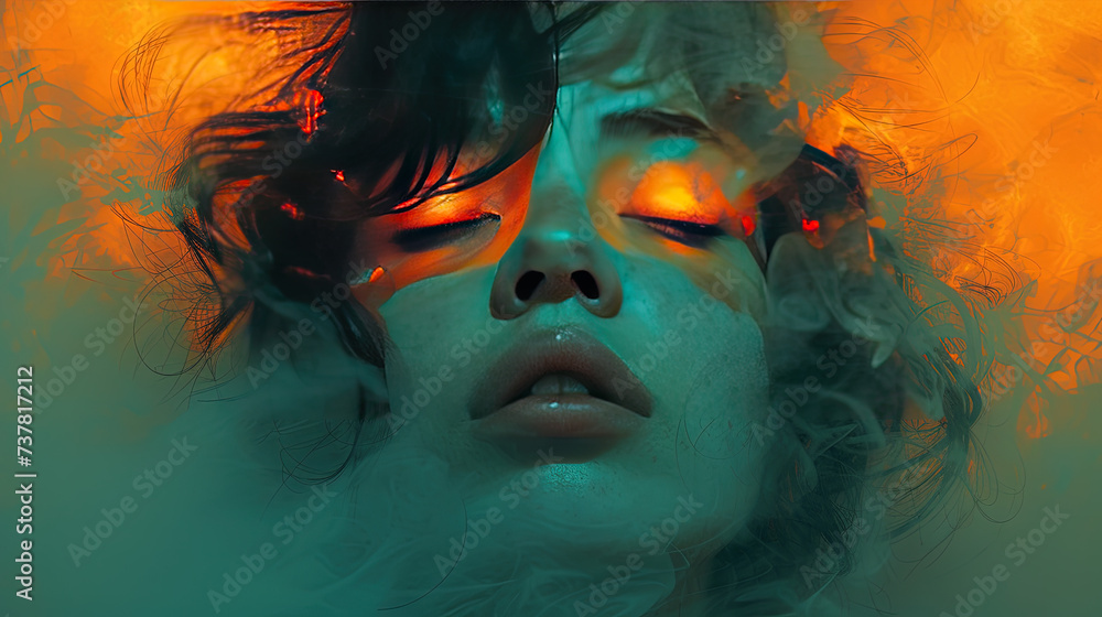 Close up shot of model beautiful girl with colors lights and smoke. Created with Ai