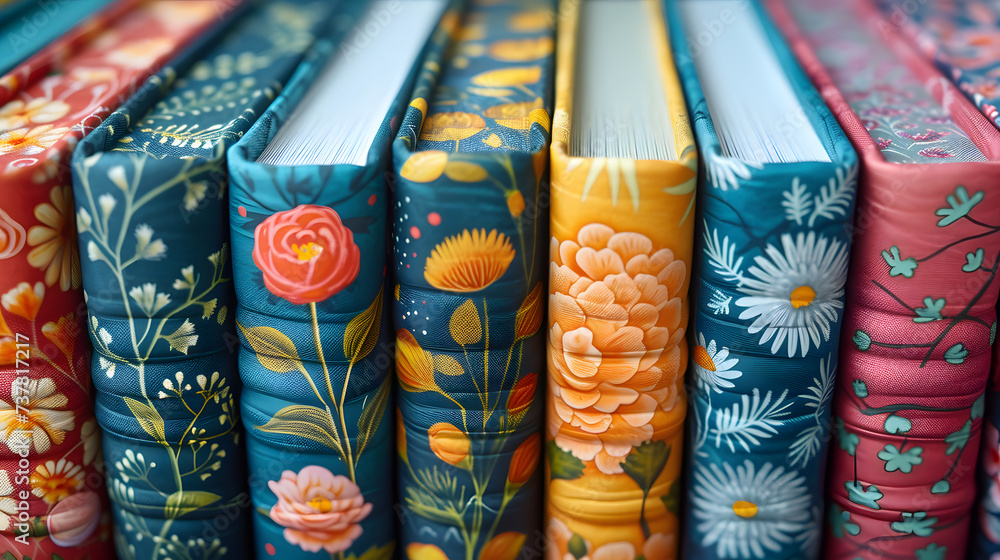 close up of rows of fantasy book collections, children's flowers book collections close up of rows of fantasy book collections, children's flowers book collections