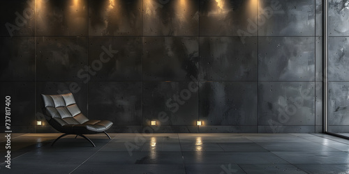 Style loft interior with leather armchair on dark cement wall3d rendering
 photo