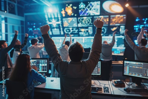 A diverse group of individuals in a control room raising their hands in a unified gesture, Celebration of a successful space mission in a control room, AI Generated