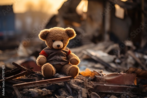 a teddy bear sitting on a pile of debris