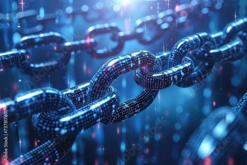 This close-up photo captures the details of a chain against a blue background, Chained blocks flowing through a silicon valley portraying blockchain technology, AI Generated