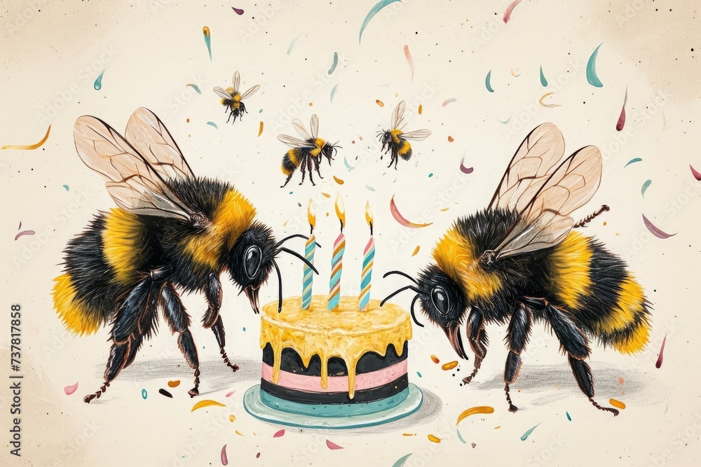 Two bees are using their wings to extinguish the candles on a colorful birthday cake, Charming drawn bumblebees celebrating a buzzing birthday, AI Generated - obrazy, fototapety, plakaty 