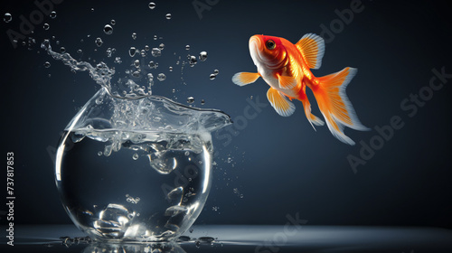 A goldfish jumping out of an aquarium to another.