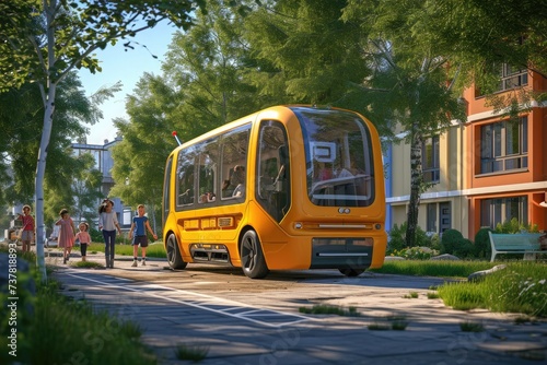 A yellow bus is parked on the side of a road, creating a noticeable scene against the backdrop of the surrounding landscape, Children playing near a self-driving electric school bus, AI Generated