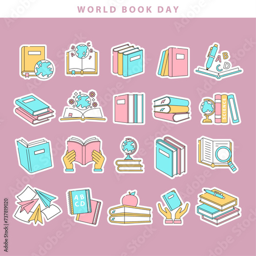 world book day sticker icon collection in cute flat design style