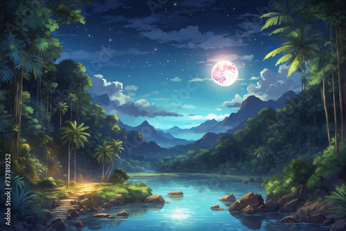 At night when the full moon shines brightly in the middle of the tropical forest there is a river that separates it