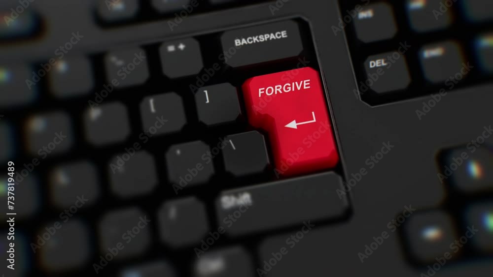 Forgive red button on keyboard. A finger presses Forgive. Click Forgive. Realistic keyboard button. Red button Forgive to push. Set for action. Keyboard with unique word to press. Close-up CGI Forgive red button on keyboard. A finger presses Forgive. Click Forgive. Realistic keyboard button. Red button Forgive to push. Set for action. Keyboard with unique word to press. Close-up CGI