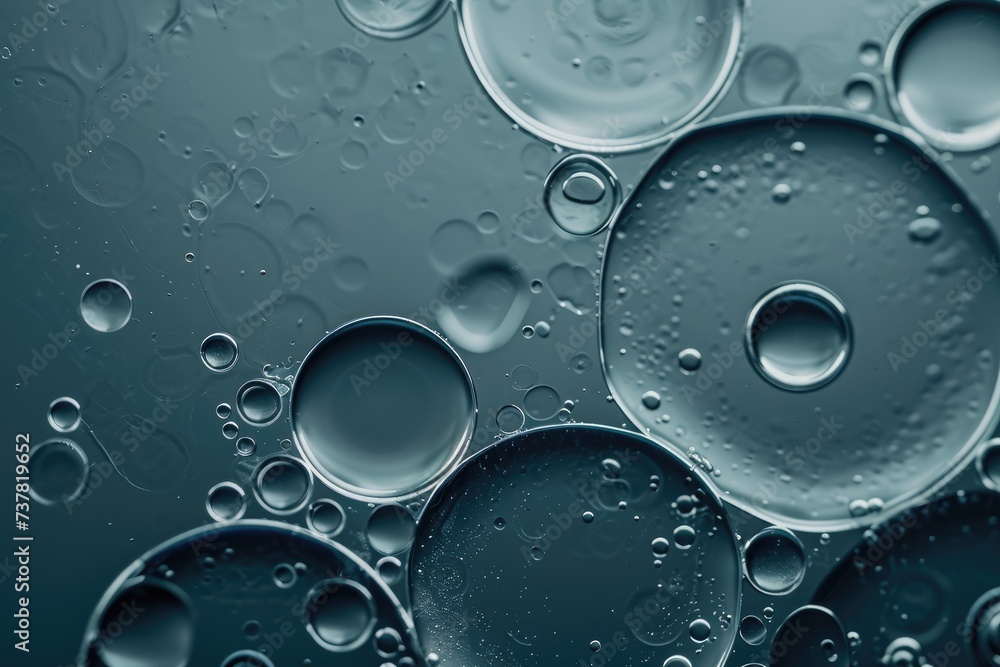 This photo showcases the detailed view of water bubbles formed on a reflective surface, Circles in varying sizes, duplicating the appearance of bubbles in water, AI Generated - obrazy, fototapety, plakaty 
