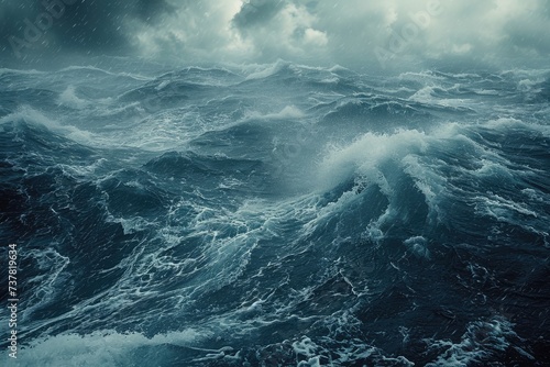 A large expanse of water is filled with numerous powerful waves crashing against the shoreline, Cinematic view of a stormy sea with waves, AI Generated