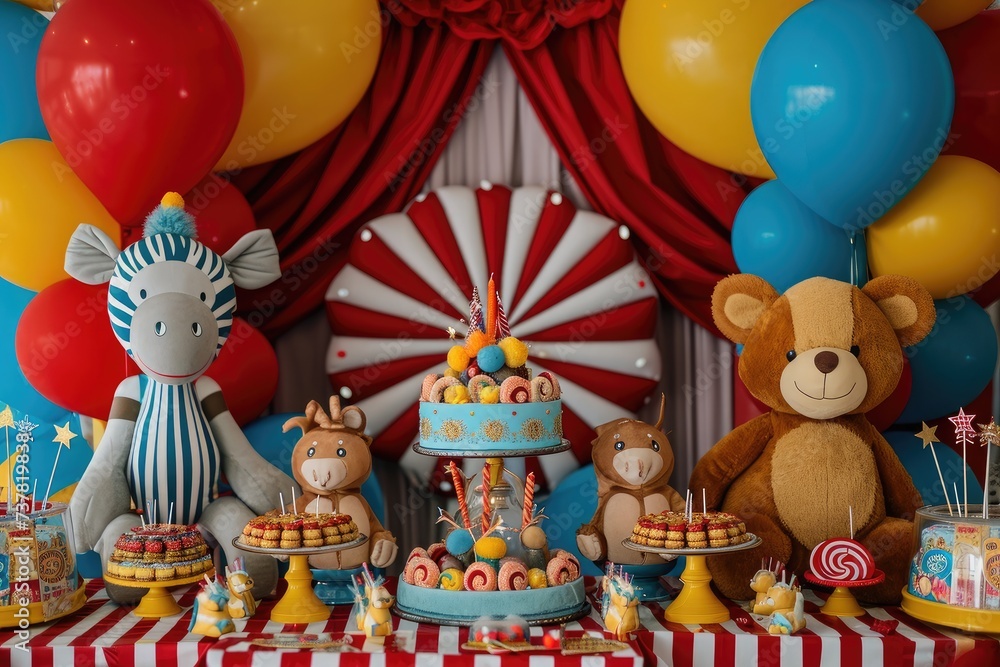 A lively circus themed birthday party filled with colorful balloons, festive decorations, and exciting entertainment, Circus themed birthday party with cute animals, AI Generated