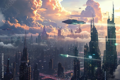 A high-tech metropolis with towering skyscrapers and advanced infrastructure, featuring a flying saucer hovering in the atmosphere, Cities of the future with advanced technology, AI Generated #737819833