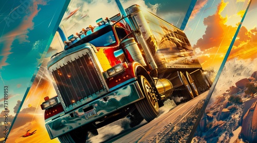 movie poster. A collage of multiple banners featuring a semi-trailer truck. Each large diagonally curved panel captures an individual epic action scene. photo