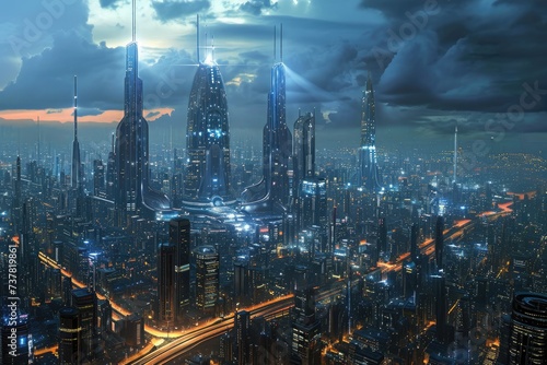 A photograph capturing the urban landscape at night, showcasing numerous towering buildings, Cities of the future with advanced technology, AI Generated